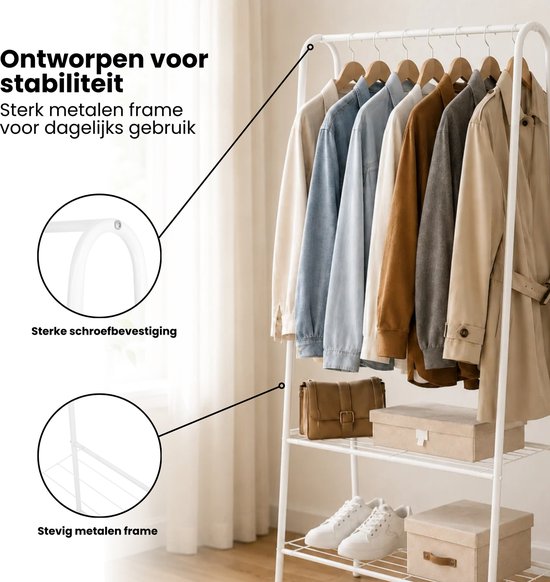 Kledingrek Staand – Kledingrek met Planken – Garderoberek Metaal – Open Kast – Kapstokrek – Wit – Voor Slaapkamer en Hal