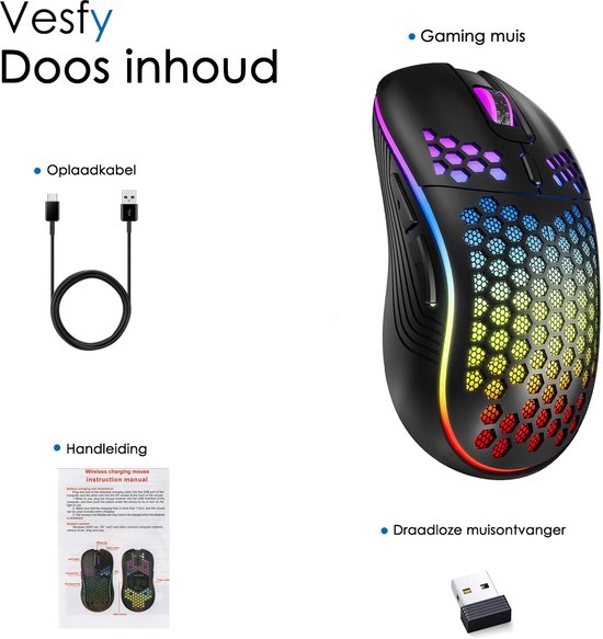 Pro Draadloze Gaming Muis - RGB Verlichting - 1600 DPI - USB Oplaadbaar - Ergonomisch - Voor PC & Laptop