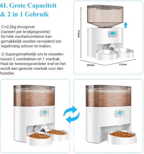 Automatische Voerbak - Kat en Hond - 2-in-1 Voerautomaat - Voice Recorder & Timer - App Besturing - 6L - Wit
