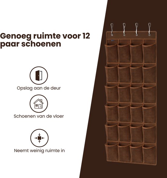 Schoenenkast Hangend - Schoenenzak 24 vakken - Opbergen van Schoenen aan Deur - Schoenenzak Bruin - Oplossing voor rondslingerende schoenen - Hoogwaardige Schoenenkast