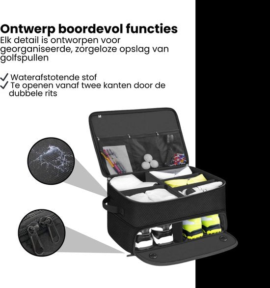 Golf Organizer Tas voor Kofferbak – Golf Accessoire Opbergbox met Schoenenvak – Waterafstotende Golf Opbergtas met Verstelbare Vakken – Golf Cadeau voor Heren & Dames – Zwart