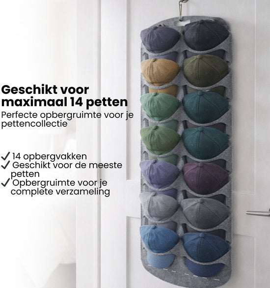 Cap Rack - Petjes Organizer voor aan Deur - Grijs - 14 Petten - Organizer voor Petjes en Caps - Petjes Opbergsysteem - Vilt - Petten Houder - Petten Opbergzak - Hat Holder - 130 x 46 cm