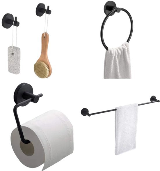 Badkamer Accessoire Set - Zwart – 4-delig – Handdoekstang, WC Rolhouder, Handdoekring & Haak – RVS – Wandbevestiging – Modern Design
