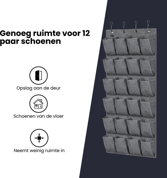 Schoenenkast Hangend - Schoenenzak 24 vakken - Opbergen van Schoenen aan Deur - Schoenenzak licht grijs - Oplossing voor rondslingerende schoenen - Hoogwaardige Schoenenkast