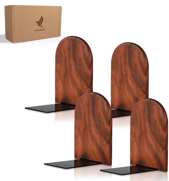 NovaWare® Boekensteun - 4 Stuks - Boekensteunen - Plank Organizer - Boekenhouder – Boekenrek - Boeksteun - Walnoothout