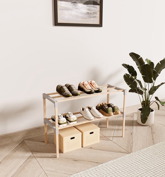 Fixwood Schoenenrek 2 Lagen – Beige - Compact Houten Schoenenkast – Ruimtebesparend Schoenenrek voor 6+ Paar – Duurzaam & Modern Design – 51 x 23 x 39 cm