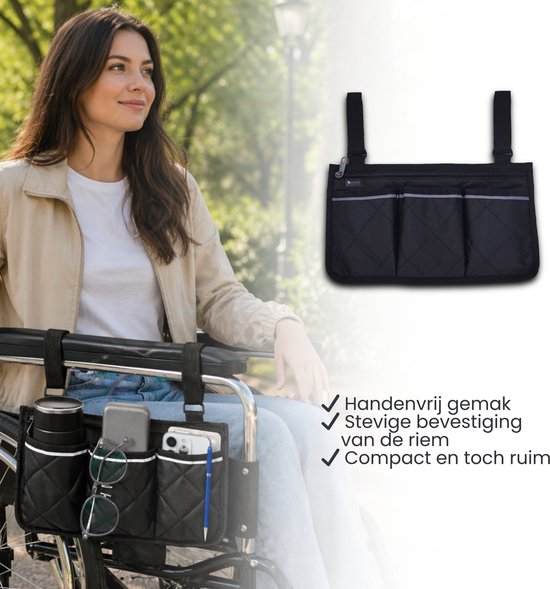 Rolstoeltas - Zwart - Armleuning Rolstoeltas - Waterafstotende Opbergtas voor Rolstoel - Rolstoel Organizer