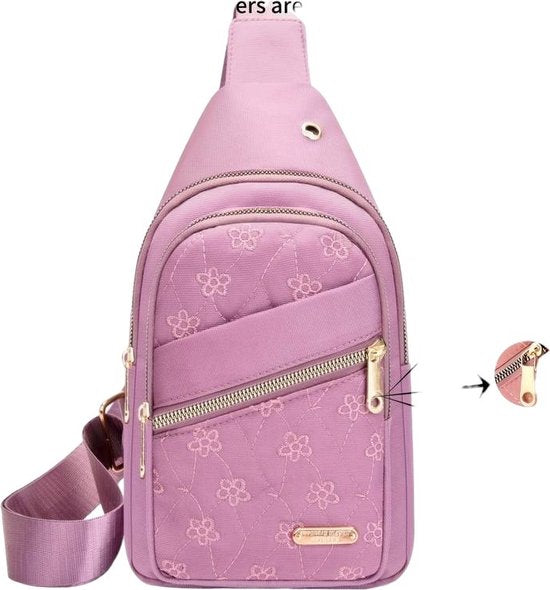 Sasemy - Borsttas Sling Bag Voor Dames - Sling Bag - 2 rits-vakken - Dames - Heren - Roze - Bloemen print #9 - 30 x 16 x 6 - Reistas- Schoudertas - Rugzak - Crossbody bag - Moederdag Cadeau - Verjaardag Cadeau - Sinterklaas Cadeau - Kerst Cadeau