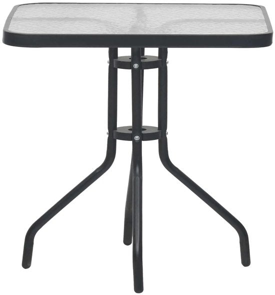 Vierkante Glazen Tuintafel – 60x60x70 cm – Gehard Glas – Stabiel Stalen Frame – Weerbestendig – Zwarte Bistrotafel voor Tuin, Balkon & Terras