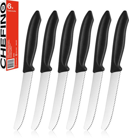 Chefino Tafelmessen Set 6 Stuks – Gekartelde Messen RVS – Steakmessen – Broodmesjes – Tomatenmessen – Vaatwasserbestendig – Zwart