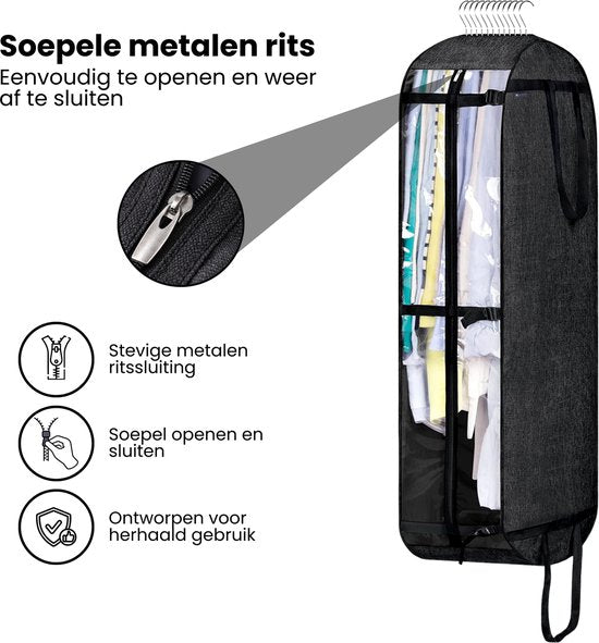 Kledinghoes met Hanger – Opvouwbare Kleding Organizer – Kleding Opbergzak met Rits & Venster – Kleding Transporthoes – Geschikt voor Verhuizen & Reizen – 127 x 60 x 25 cm – Zwart