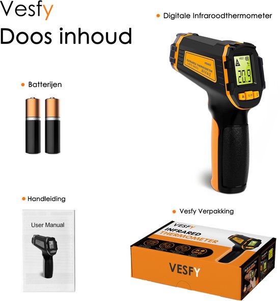 Vesfy Digitale Infrarood Thermometer - Bereik -50 t-m +490 °C - IR Thermometer - Warmtemeter - Vleesthermometer