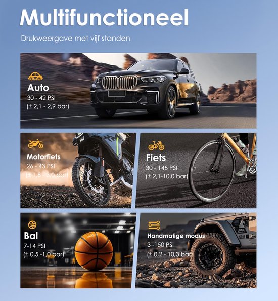 Pro Elektrische Fietspomp met 4 Opzetstukken en LED Verlichting - 4000mAh - Voor Auto, Fiets, Ballen & Luchtbedden - Draagbare Luchtcompressor