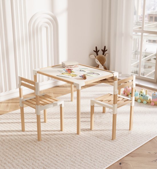 Fixwood Kinder Tafel- en Stoelenset – Natuurlijk Hout & Kunststof – Duurzaam Speel- en Leermeubel – 3-delig (1 Tafel + 2 Stoelen)