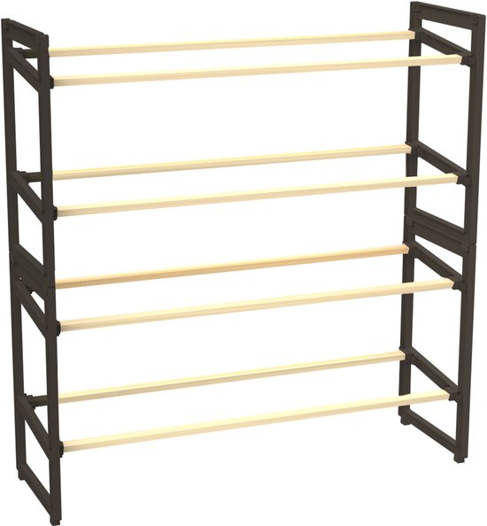FixWood Houten Schoenenrek – 2-in-1 Stapelbaar Schoenenrek – 2 of 4 Lagen – Compact, Duurzaam en Stijlvol – Zwart-Hout – 65x26x52 cm