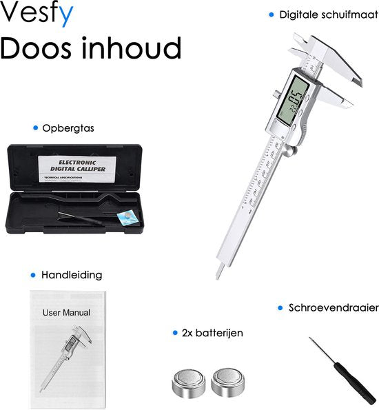 Digitale Schuifmaat - 150 mm Precisie Meting met LCD Display - Inclusief Opbergtas & Batterijen
