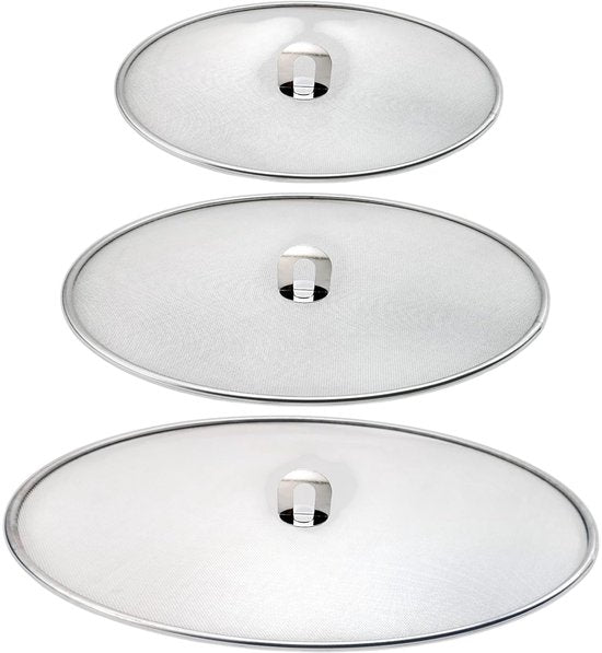 RVS Antispatdeksel Set van 3 – Ø20 - Ø25 - Ø30 cm – Spatdeksel voor Pan – Fijne Antispat Zeef – Vetbeschermer voor Bakken & Braden – Vaatwasserbestendig – Universeel Formaat
