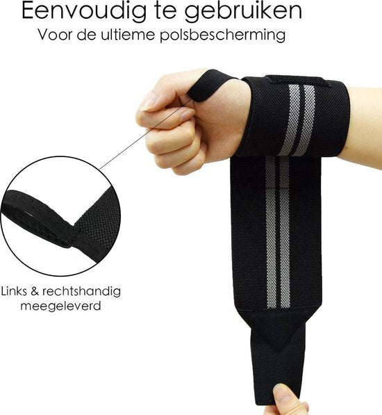 Fitness - Crossfit Polsband - 2 Stuks - Polsbandage Wrist Support Wraps - Pols Bandage Band - Bodybuilding Support - Gewichthef Straps - Krachttraining Lifting Workout Straps - Set Van 2 Stuks - Zwart-Grijs