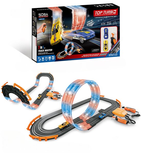 DMG Supply Racebaan - Autobaan Speelgoed - 2 Opstellingen Mogelijk - Dubbele Racebaan met Looping - 2 Auto's - Rondeteller - 3 Meter