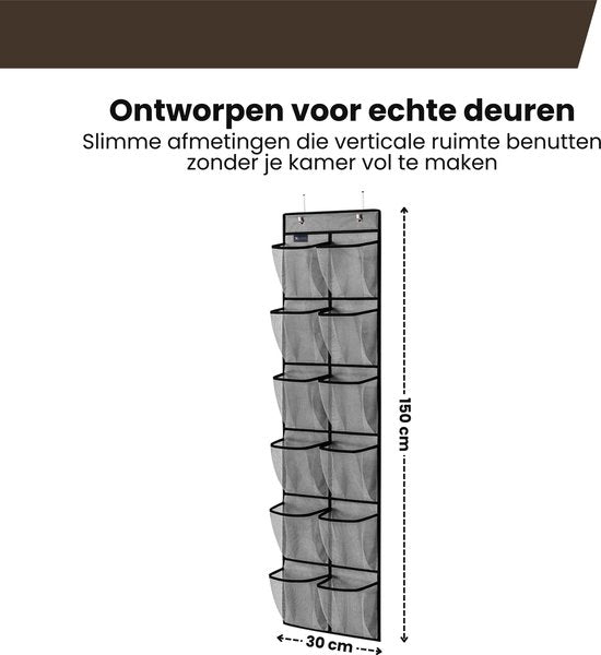 Schoenenkast Hangend - Schoenenzak 12 vakken - Opbergen van Schoenen aan Deur - Schoenenzak Grijs - Oplossing voor rondslingerende schoenen - Hoogwaardige Schoenenkast