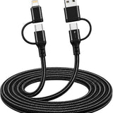 3-in-1 USB Kabel – 1 meter – Snelladen & Dataoverdracht – USB naar USB-C - Lightning – Nylon Gevlochten – Zwart - oplaadkabel Telefoon