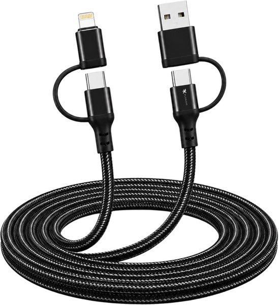 3-in-1 USB Kabel – 1 meter – Snelladen & Dataoverdracht – USB naar USB-C - Lightning – Nylon Gevlochten – Zwart - oplaadkabel Telefoon