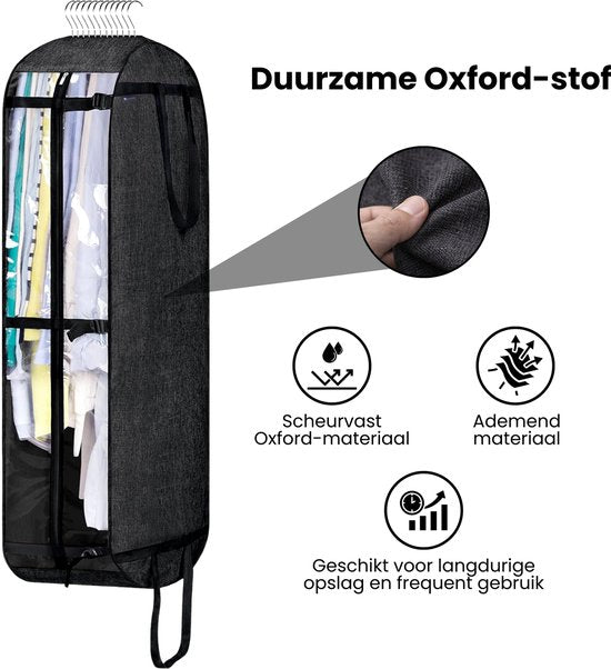 Kledinghoes met Hanger – Opvouwbare Kleding Organizer – Kleding Opbergzak met Rits & Venster – Kleding Transporthoes – Geschikt voor Verhuizen & Reizen – 127 x 60 x 25 cm – Zwart