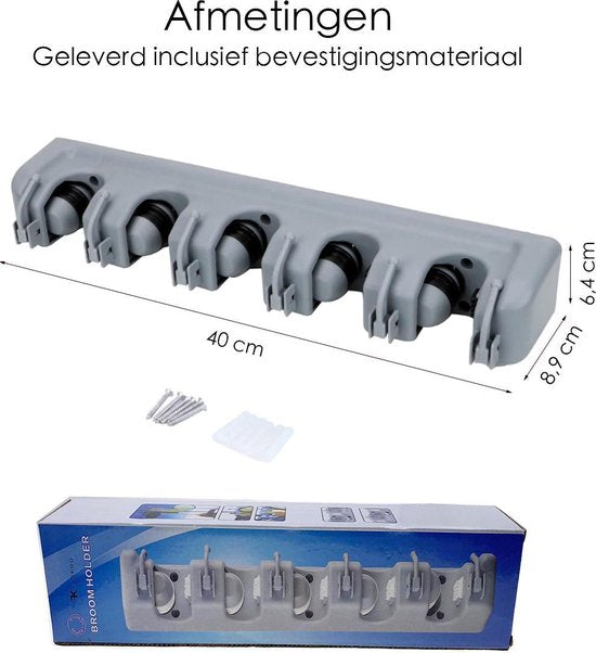 Bezemopbergsysteem - Bezemhouder Voor 5 Bezems- Ophangsysteem Bezem - Ophangsysteem Tuingereedschap - Grijs