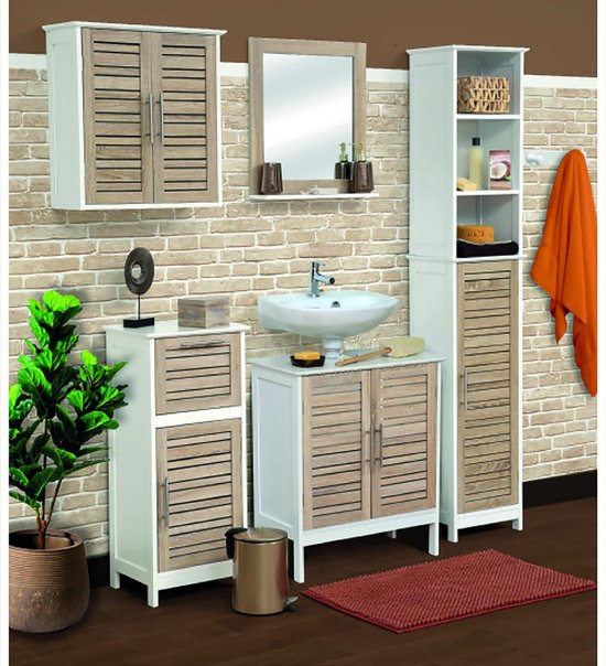 Badkamerkast Stockholm met deur en 6 planken 35x26x173 cm - Wit/Bruin