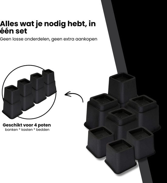 Meubelverhoger Set - Verstelbare Poten - 8 stuks - Zwart - 3 verschillende hoogtes: 10 cm, 15 cm of 22,5 cm