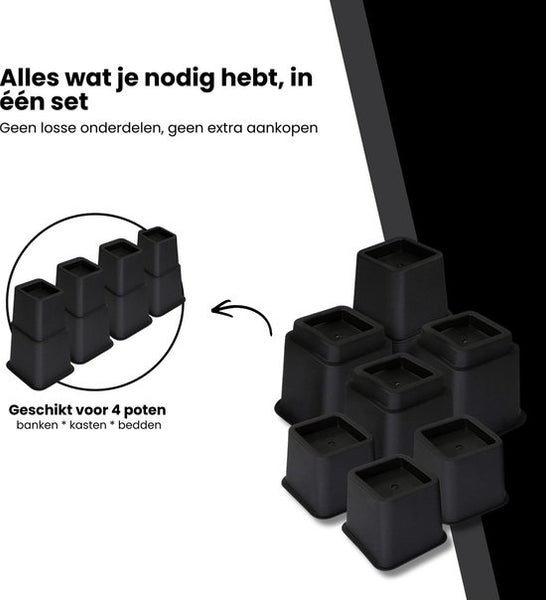 Meubelverhoger Set - Verstelbare Poten - 8 stuks - Zwart - 3 verschillende hoogtes: 10 cm, 15 cm of 22,5 cm
