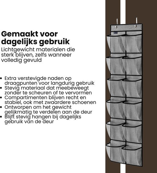 Schoenenkast Hangend - Schoenenzak 12 vakken - Opbergen van Schoenen aan Deur - Schoenenzak Grijs - Oplossing voor rondslingerende schoenen - Hoogwaardige Schoenenkast