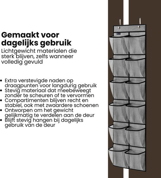 Schoenenkast Hangend - Schoenenzak 12 vakken - Opbergen van Schoenen aan Deur - Schoenenzak Grijs - Oplossing voor rondslingerende schoenen - Hoogwaardige Schoenenkast