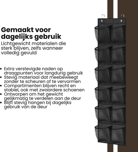 Schoenenkast Hangend - Schoenenzak 12 vakken - Opbergen van Schoenen aan Deur - Schoenenzak Zwart - Oplossing voor rondslingerende schoenen - Hoogwaardige Schoenenkast