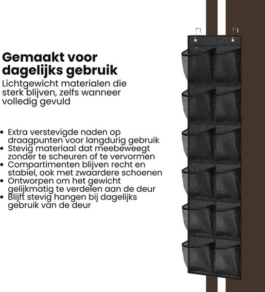 Schoenenkast Hangend - Schoenenzak 12 vakken - Opbergen van Schoenen aan Deur - Schoenenzak Zwart - Oplossing voor rondslingerende schoenen - Hoogwaardige Schoenenkast