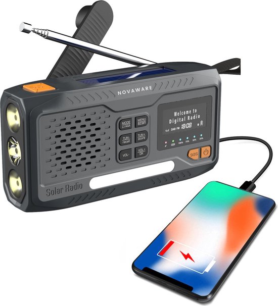 NovaWare® Noodradio Solar Opwindbaar - Powerbank Zonneenergie met 4500mAh - DAB+-FM - Noodpakket - Bluetooth speaker - Draagbare Radio – Oplaadbaar & Op Batterijen - Grijs