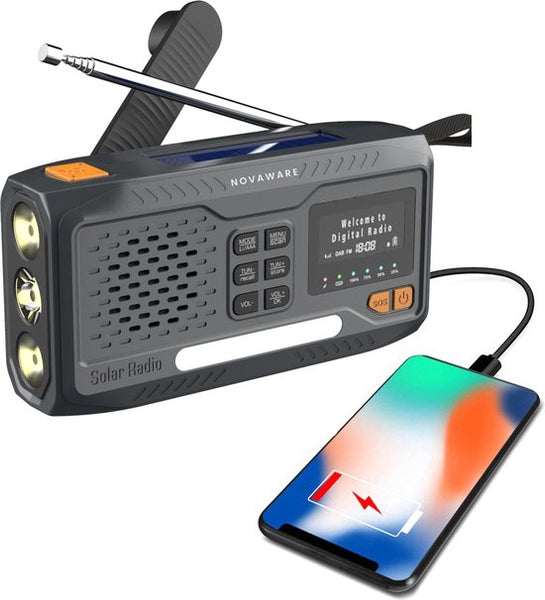 NovaWare® Noodradio Solar Opwindbaar - Powerbank Zonneenergie met 4500mAh - DAB+-FM - Noodpakket - Bluetooth speaker - Draagbare Radio – Oplaadbaar & Op Batterijen - Grijs