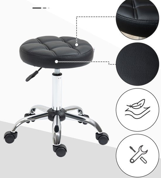 Ergonomische Rolkruk Kunstleer - Werkkruk in Hoogte Verstelbaar 51-67 cm - Zwart