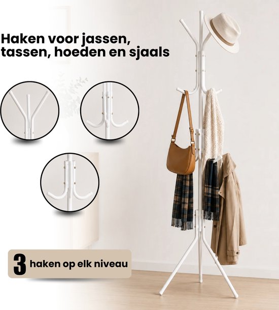 Kapstok Staand – Kledingrek met 9 Haken – Hoogte 165 cm – Staande Kapstok Metaal – Vrijstaande Kapstok – Wit – Voor Hal, Slaapkamer en Kantoor