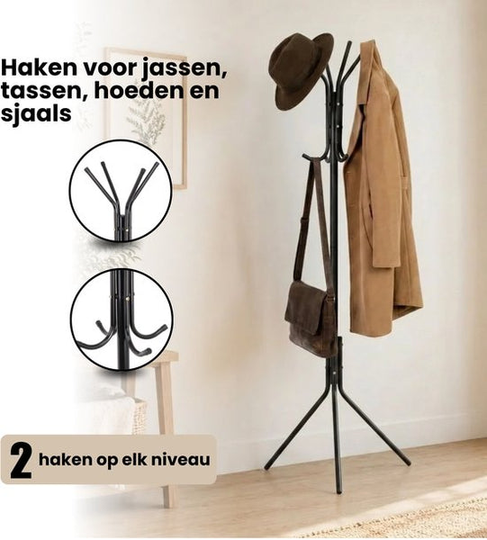 Kapstok Staand – Kledingrek met 8 Haken – Hoogte 172 cm – Staande Kapstok Metaal – Vrijstaande Kapstok – Zwart – Voor Hal, Slaapkamer en Kantoor