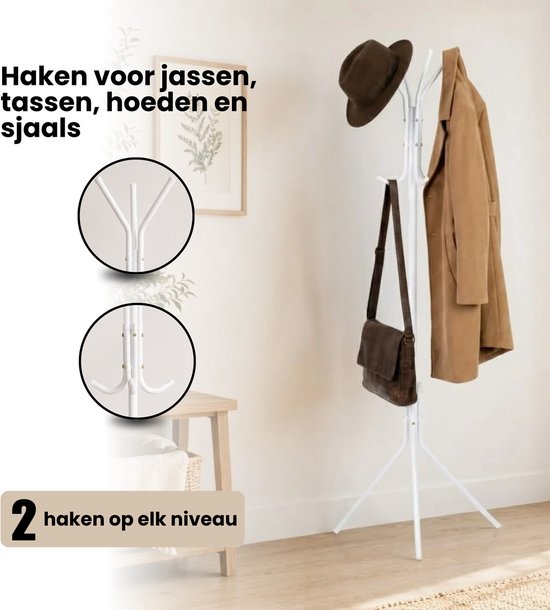 Kapstok Staand – Kledingrek met 8 Haken – Hoogte 172 cm – Staande Kapstok Metaal – Vrijstaande Kapstok – Wit – Voor Hal, Slaapkamer en Kantoor