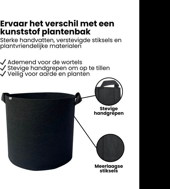 Kweekzak 40 cm – Stoffen Kweekpot met Handgrepen – Ademend & Herbruikbaar – Groeizak voor Groenten, Fruit en Kruiden – Zwarte Plantenbak Buiten & Binnen – 32L