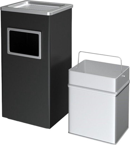 Asbak Voor Buiten - Zwart met RVS - 31 cm x 25 cm x 61 cm - Vloerasbak - Buitenasbak Groot - Rookpaal - Asbakken - Staande Asbak met RVS Afvalbak -