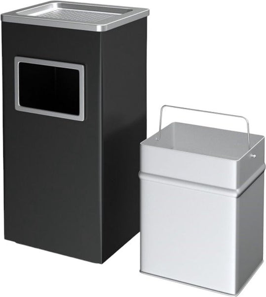 Asbak Voor Buiten - Zwart met RVS - 31 cm x 25 cm x 61 cm - Vloerasbak - Buitenasbak Groot - Rookpaal - Asbakken - Staande Asbak met RVS Afvalbak -