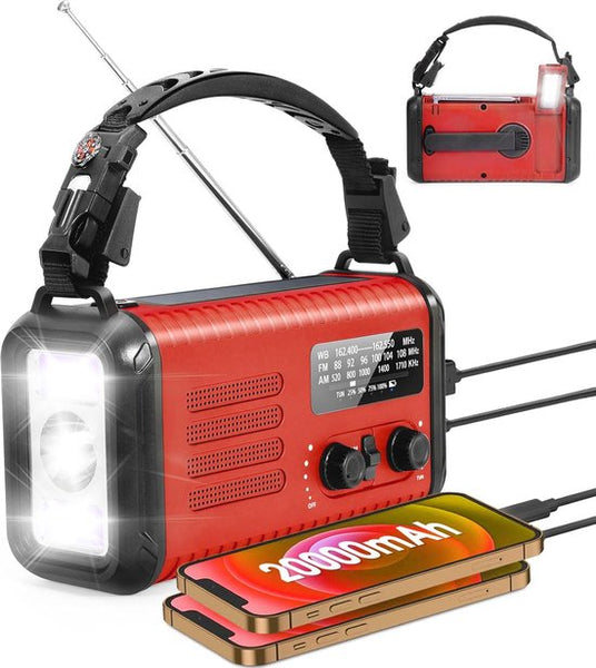 NovaWare NoodRadio Solar Opwindbaar - FM-AM - Powerbank Zonneenergie met 20.000mAh - Survival Noodpakket - Draagbare Radio op batterijen – Rood