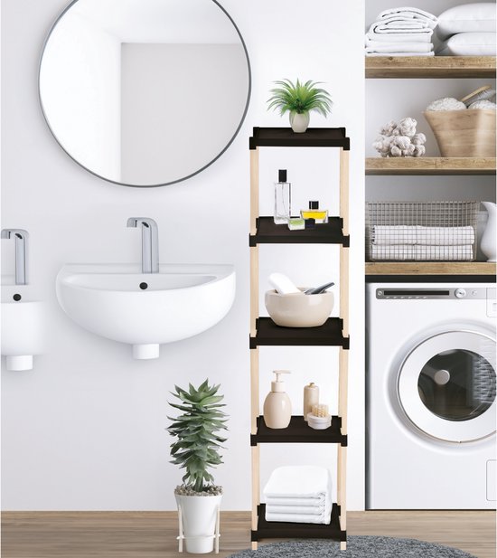 Fixwood Houten Modulaire Opbergrek – Massief Hout & Kunststof – Badkamerrek, Keukenrek of Plantenrek – 127 cm Hoog – Zwart-Naturel
