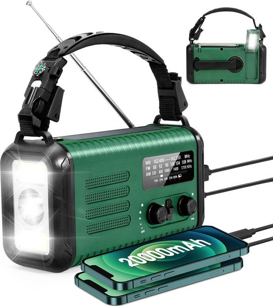 NovaWare NoodRadio Solar Opwindbaar - FM-AM - Powerbank Zonneenergie met 20.000mAh - Survival Noodpakket - Draagbare Radio op batterijen – Groen