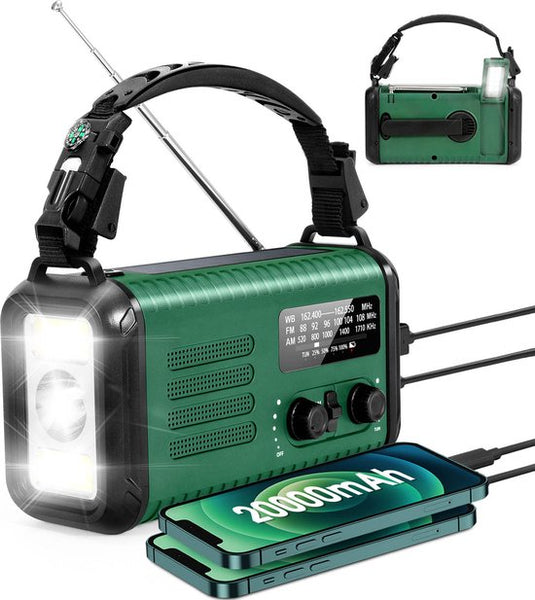 NovaWare NoodRadio Solar Opwindbaar - FM-AM - Powerbank Zonneenergie met 20.000mAh - Survival Noodpakket - Draagbare Radio op batterijen – Groen