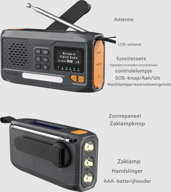 NovaWare® Noodradio Solar Opwindbaar - Powerbank Zonneenergie met 4500mAh - DAB+-FM - Noodpakket - Bluetooth speaker - Draagbare Radio – Oplaadbaar & Op Batterijen - Grijs
