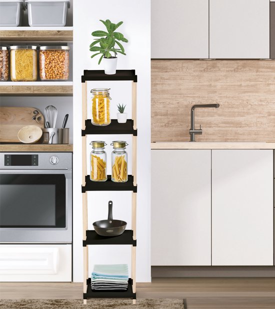 Fixwood Houten Modulaire Opbergrek – Massief Hout & Kunststof – Badkamerrek, Keukenrek of Plantenrek – 127 cm Hoog – Zwart-Naturel